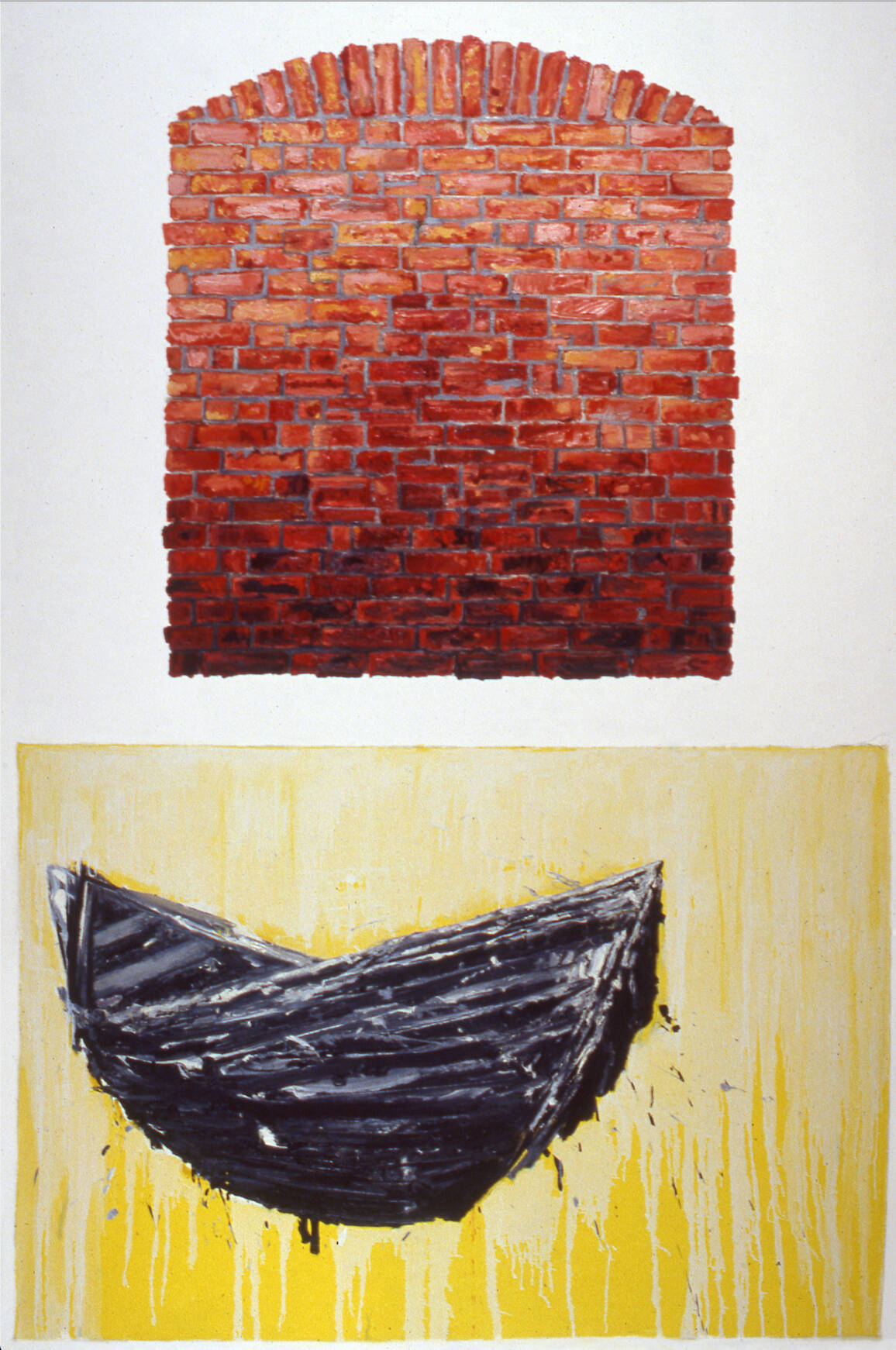 Top of painting has white background with a curved red brick wall. The bottom of the painting has a yellow background with a dark boat shape.